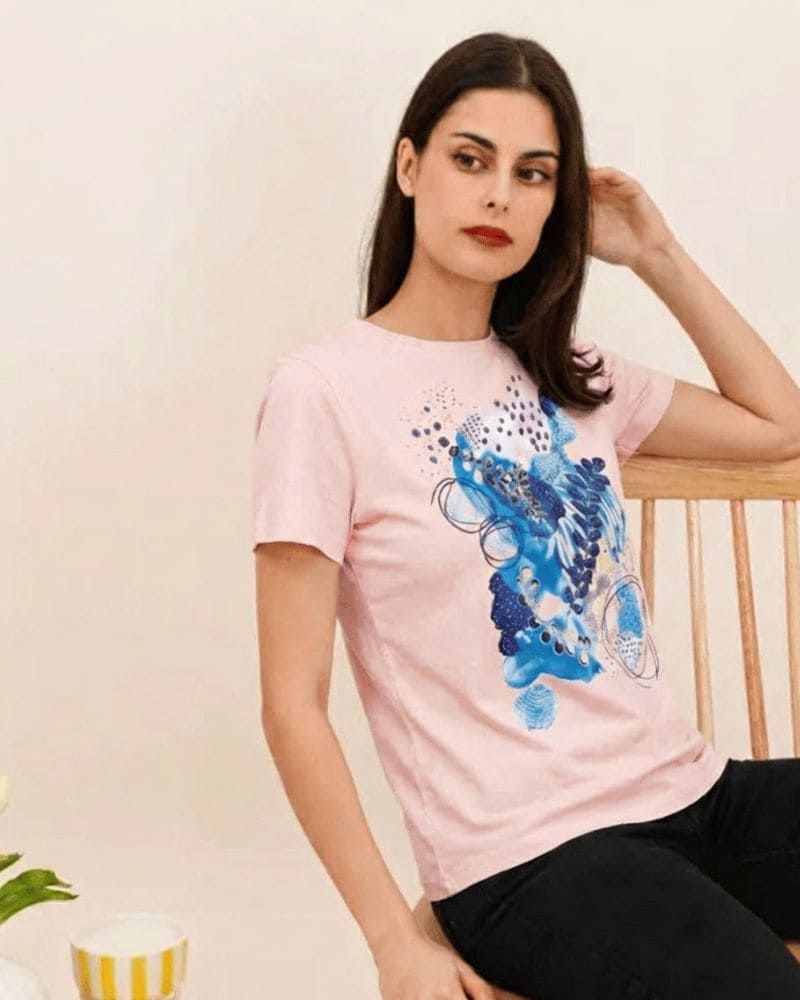 Ashley Artistic Blue Illustration T-Shirt Pink