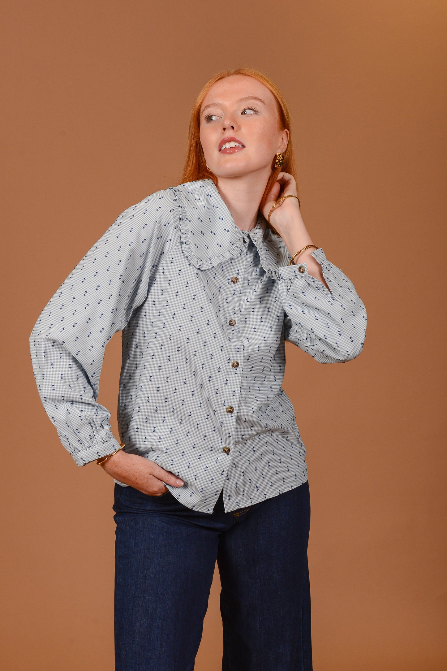Chess Gingham Blouse with Peter Pan Collar