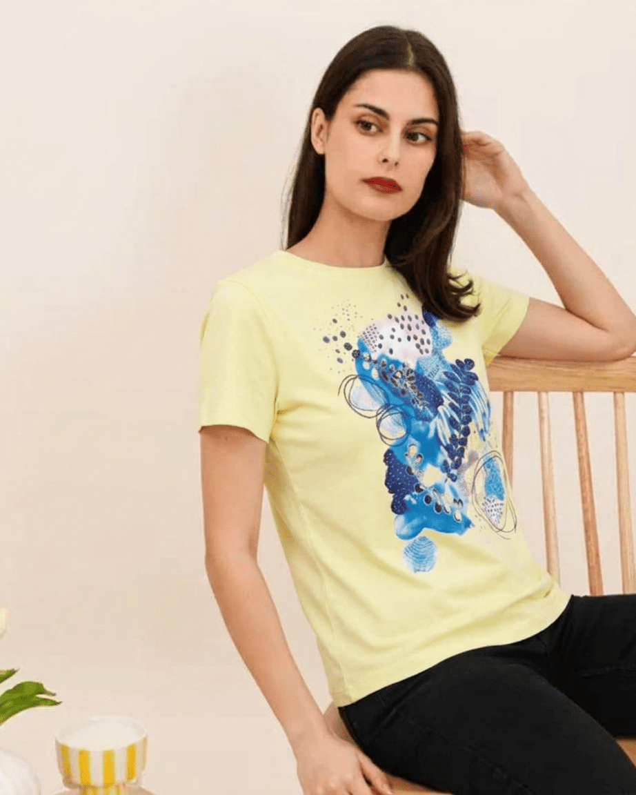 Ashley Artistic Blue Illustration T-Shirt Yellow