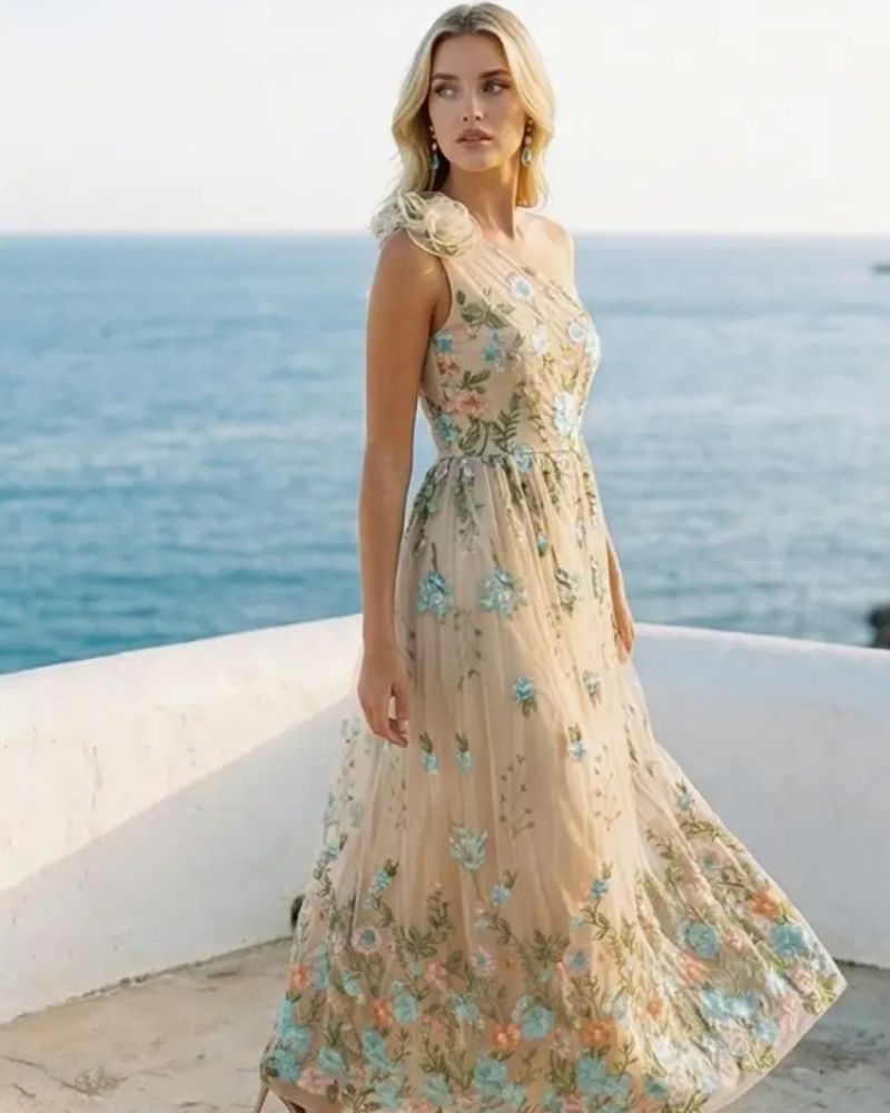 Kai Asymmetric Dress with Floral Embroidery in Turquoise
