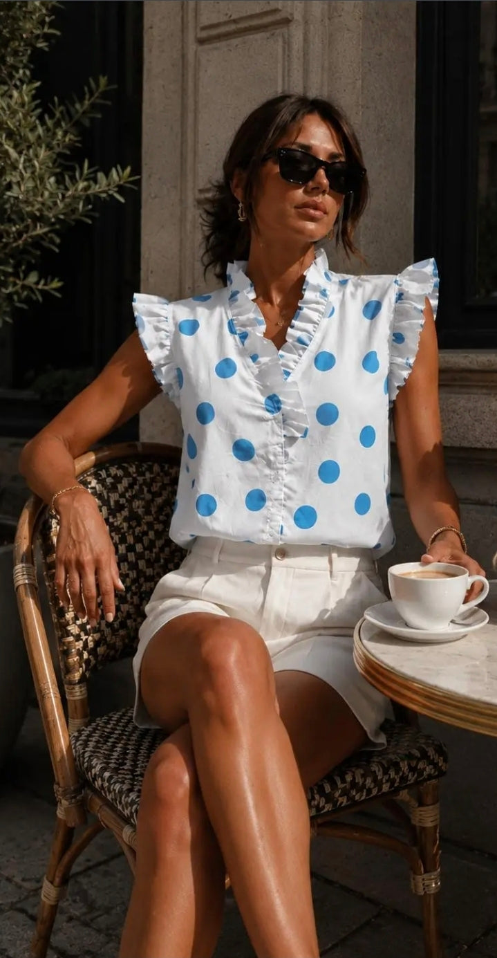 Elaine Polka Dot Ruffle sleeveless Blouse