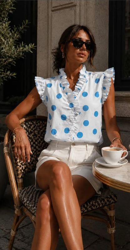 Elaine Polka Dot Ruffle sleeveless Blouse